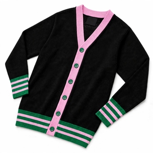 Cárdigan de Punto Personalizado para Mujer, Estilo Universitario, Negro, Rosa, Verde, con Rayas en los Puños, Cuello en V, Botones, Fabricante de Marca Privada OEM - Product Image 3