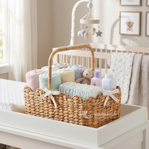 Modern <b>Rectangle</b> Water Hyacinth Diaper Caddy Scalloped Nursery <b>Storage</b> <b>Basket</b> with Handles and Removable Fabric Divider Trims - Product Image 3
