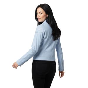 Veste de moto en cuir bleu clair élégante pour femmes, vêtements décontractés, vente en gros personnalisée, prix d'usine, style motard authentique pour femmes - Product Image 1