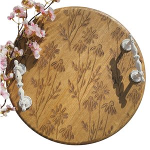 Classic <b>Wooden</b> <b>Serving</b> <b>Tray</b> With Decorative Pewter Metal Handles Natural Tree Bark <b>Tray</b> For Home & Restaurant Tableware Platter - Product Image 1