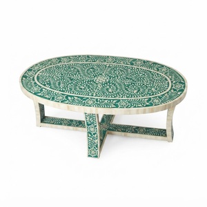 Elegante Mesa de Centro Cuadrada con Incrustaciones de Hueso Verde, Mesa de Centro de Madera y Resina Hecha a Mano, Diseño Geométrico Moderno con Patrón Chevron para Sala de Estar - Product Image 5
