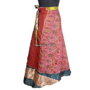 New Ladies Summer Red <b>Wrap</b> <b>Skirt</b> Women Wear Vintage Silk Sari Long Length <b>Wrap</b> <b>Around</b> <b>Skirt</b> 2 Layer Reversible Cover up Wear - Product Image 3