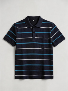 Men's Striped Short Sleeve Polo Shirt Knitted Casual Pocket Design Regular Fit Navy Blue White Teal Regular Fit Bangladesh - Product Image 2