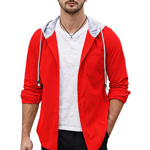 Men Hooded Woven Cotton Casual <b>Cardigan</b> Solid Color Breathable Regular Fit Summer Outerwear - Product Image 3