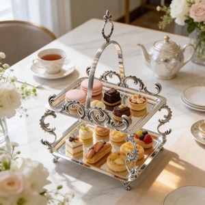 Support à gâteau à deux niveaux en acier inoxydable, fait main, plateau de présentation de desserts multi-couches pour boulangerie, café, hôtel, restaurant - Product Image 1