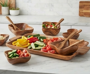 Service de table en bois de qualité supérieure avec bols et plateau de forme irrégulière, design minimaliste, durable, compatible lave-vaisselle, pour usage quotidien - Product Image 1