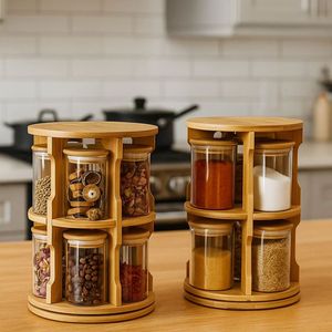 Boîte à épices en bambou naturel avec compartiments en verre – Masala Dabba – Exportation en gros par l'usine OEM/ODM - Product Image 1