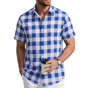 Camisa de hombre a cuadros, personalizada, de manga corta, con botones, de algodón y poliéster, estilo casual de verano para negocios, con bolsillo en el pecho. - Product Image 3