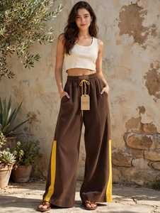 ONETEN Women's Brown Color Block Wide Leg Drawstring Pants <b>Elastic</b> <b>Waist</b> Side Stripe Casual <b>Trousers</b> - Product Image 5