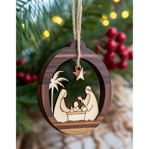 Ornement de Noël en bois, scène de la Nativité ronde découpée, décoration suspendue, artisanat traditionnel, décoration d'arbre - Product Image 4