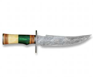 Handcrafted Twist Damascus Steel Outdoor Utility Tool Dual Crossguard Segmented Camel <b>Bone</b> & Green Wood <b>Handle</b> - Product Image 1