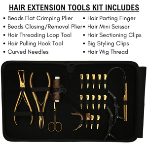 Premium Gold Hair Extension Technician Toolkit with Professional 7 Inch Pliers Flat Crimper Bead Remover Threading Loop Scissor - Product Image 2