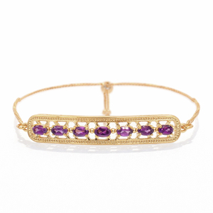 Pulsera de Cadena de Barra Semicircular con Siete Piedras Ovaladas de Granate Rodolita en Plata de Ley 925, Chapada en Oro y Rodio - Product Image 1
