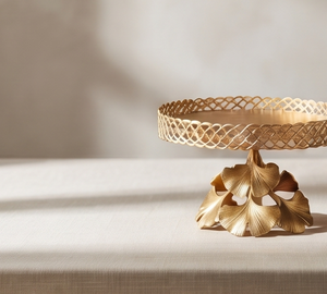 Support à gâteau multifonctionnel en métal doré, plateau de service rond à motif de treillis, piédestal en forme de feuille de Ginkgo, présentoir à pâtisserie pour le thé de l'après-midi - Product Image 2