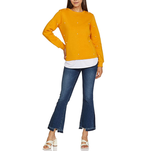 Sweat-shirt en tricot jaune moutarde pour femme, col rond, avec perles, coupe classique, manches longues, vêtement décontracté pour l'automne - Product Image 2