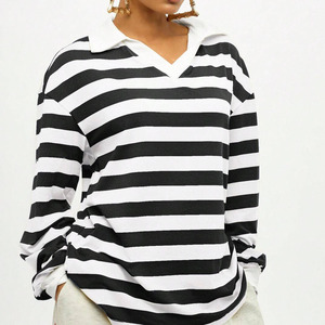Camiseta de Rugby a Rayas de Primera Calidad para Mujer, Manga Larga, Cuello en V, Tejido Informal, Talla Grande, Diseño en Blanco y Negro - Product Image 1