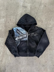 Custom Vintage Washed Rhinestone <b>Zip</b> Up Hoodie Oversized Streetwear Graphic Print Full <b>Zip</b> <b>Hooded</b> Sweatshirt Unisex Fashion Hood - Product Image 1