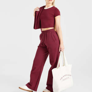 Pantalon de jogging en molleton de coton athlétique pour femme, coupe oversize, jambe large, style droit, vente en gros pour la saison d'automne, motif uni - Product Image 5