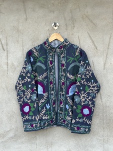 Handmade Cotton <b>Velvet</b> Suzani Bomber <b>Jacket</b> Plus Size <b>Women</b> Full Sleeve Floral Embroidery Eco-Friendly Breathable Reversible - Product Image 1