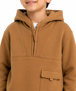 Sweat-shirt à capuche mi-zippé pour garçons, en mélange de coton et polaire, chaud et décontracté, marron uni, à manches longues - Product Image 4