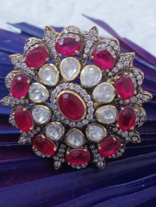 Flower Shape Classic <b>Cocktail</b> <b>Ring</b> Red Doublet Stone <b>Gold</b> Plated Women's Wedding Jewelry Gift Ethnic Style Adjustable - Product Image 4