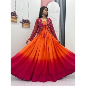 DISEÑADOR CHINON VESTIDO LISO CON BORDADO SECUENCIA TRABAJO CHAQUETA NARANJA - Product Image 1