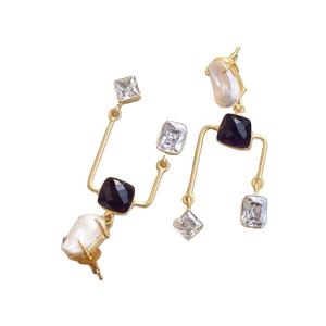 Boucles d'oreilles pendantes en laiton, zircon, pierre naturelle, perle d'eau douce, pompon, plaqué rhodium, faites à la main, cadeau classique, vente en gros - Product Image 5