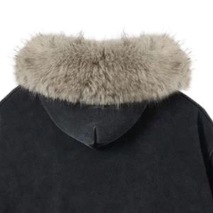 Sudadera con capucha negra para hombre, con cremallera, forro de felpa suave, manga larga, estilo urbano, con cuello de piel, chaqueta de invierno - Product Image 4