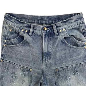 Pantalon court en jean décontracté pour homme, style streetwear, taille haute, broderie cristal, coupe ample, style charpentier, mode urbaine - Product Image 3