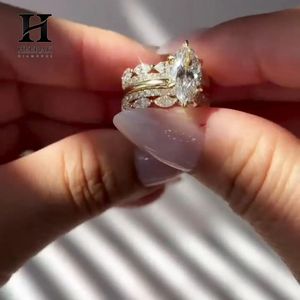 Conjunto de Anillos de Boda con Corte Marquesa de Moda, Anillo de Tiara Entrecruzado de 3 Piezas, Oro Amarillo de 10K y 14K, Joyería Fina Personalizada - Product Image 1