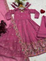 Ensemble robe Anarkali, palazzo et dupatta de qualité supérieure, en soie douce et froissée, avec broderies, paillettes et travail au fil, prêt-à-porter.