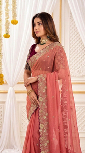 AARA Fashion Elegant Coral Silk <b>Saree</b> Gold Embroidery <b>Maroon</b> Blouse for Wedding Occasion Women Traditional Wear Sun Protection - Product Image 2