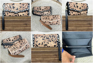 Cartera de Cuero Vacuno con Diseño Floral Hecho a Mano, con Ranuras para Tarjetas, Bolsillos para Efectivo y Correa de Muñeca Desmontable - Product Image 3