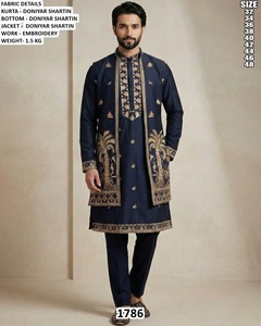 Ensemble Kurta Doniyar Shartin pour homme, couleur turquoise, avec broderies, coupe classique, longueur cheville, tenue traditionnelle pour les occasions de mariage - Product Image 4