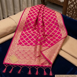 Handmade Rani Pink Art Silk Jacquard Dupatta Stoles <b>Golden</b> Floral Borders Tassels Zari Jaal Grid Banarasi Wedding Gift Birthday - Product Image 5