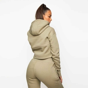 Custom Logo Winter Casual <b>Drop</b> Shoulder Heavyweight Women's 100% Cotton French Terry Pullover Crop Top Hoodie Solid Tracksuit - Product Image 2