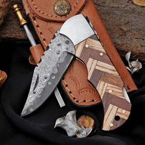 Patterned Carbon Steel Pocket Knife with Wooden Handle High-Polish Finish Leather Sheath Handmade Compact Hand <b>Tool</b> - Product Image 5