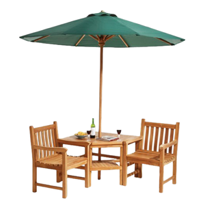 This outdoor dining <b>set</b> consists of a <b>square</b> wooden table with a central umbrella hole and two armchairs. - Product Image 3