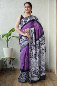 Sari en lin à imprimé artistique, style traditionnel, look élégant et confortable à porter toute la journée, avec chemisier en lin assorti - Product Image 4