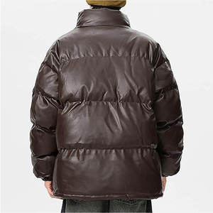 Men's Brown PU Puffer <b>Jacket</b> Stand Collar Zipper Closure Quilted Windproof Thick Winter Coat Casual Loose Fit - Product Image 4
