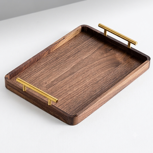 Luxury Black Walnut Wood Serving Tray with Gold <b>T</b>-<b>Bar</b> Handles - Rounded Corner Timber Platter - Product Image 1