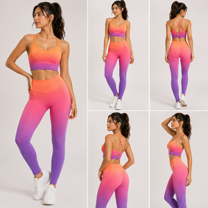 Custom Ombre Yoga Set Women Seamless High Waist Leggings Sports Bra Gradient Gym Fitness Activewear OEM - Product Image 2