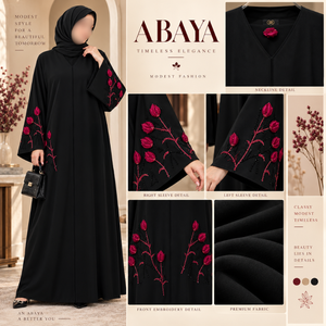 Abaya Negra para Mujer con Bordado Floral |   Vestido Musulmán Modesto, Kaftán Largo de Manga Larga, Ropa Islámica, Elegante Vestido Holgado para Uso Diario - Product Image 5