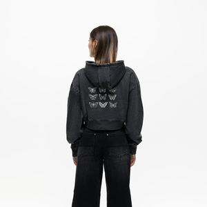 Sudadera Corta con Capucha para Mujer, con Bordado de Mariposa, Negra, Casual, con Cierre, Manga Larga, Tejida en Algodón, para Otoño - Product Image 4