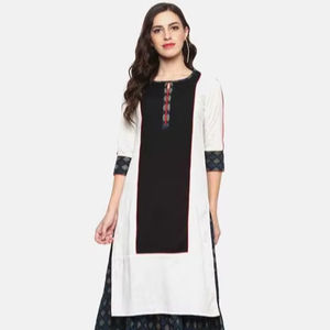 Womens White Black Cotton Flex Printed A Line Kurta With Inner Set Keyhole Neck <b>Three</b> Fourth Sleeves Designed Global Casual Wear - Product Image 1