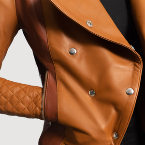 Women's Brown Genuine Leather Asymmetric Motorcycle Jacket Full Sleeve <b>Quilted</b> Double Breasted Autumn Style Regular Fit - Product Image 5