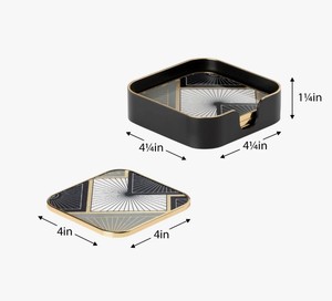 4-Piece Wooden Square Coasters Set Holder | Gold Black Geometric Enamel Design Drink Coasters | Luxury Eco-Friendly Accessories - Product Image 4