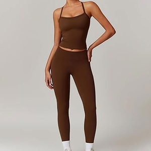 Ensemble de yoga 2 pièces très demandé : débardeurs sans coutures et leggings taille haute pleine longueur, couleur unie, pour le yoga, le fitness et la gym - Product Image 4