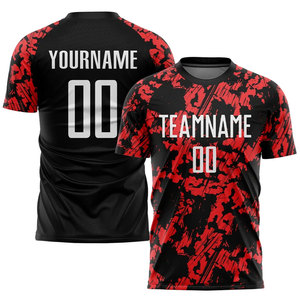 Maillot de football personnalisé pour homme, rouge et noir, sublimé, manches courtes, respirant, polyester, col rond, nom de l'équipe - Product Image 1