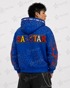 Sudadera con capucha y cremallera para hombre, personalizada, azul, con gráfico de diamantes de imitación, estilo urbano, premium, bordada, moda hip hop - Product Image 2